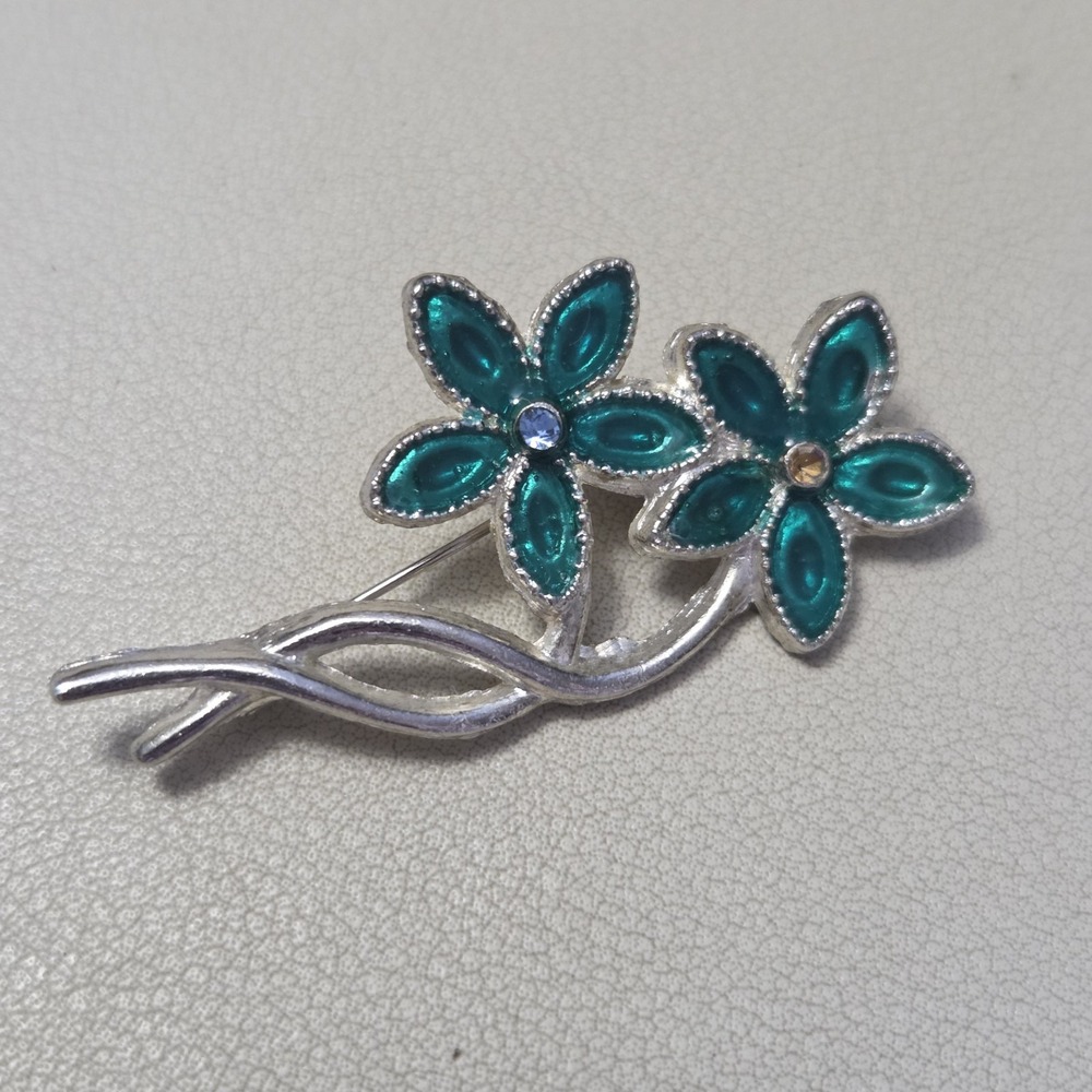 Vintage Unsigned Silver Tone & Blue Green Double Flower Brooch Pin AS IS